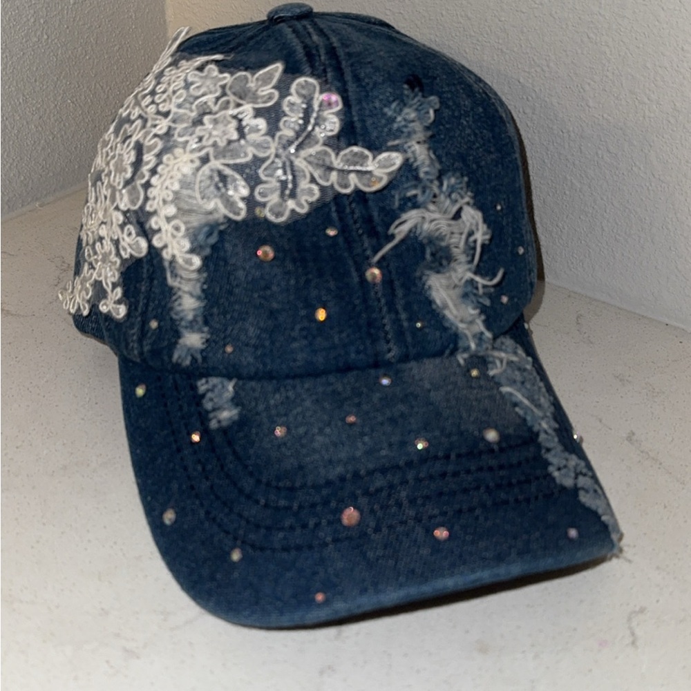 Embellished Denim Cap with Lace and Rhinestones